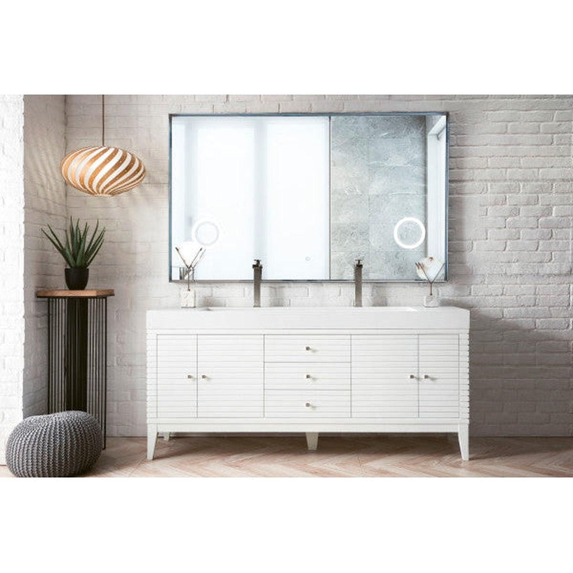 James Martin Linear 73" Double Glossy White Bathroom Vanity With 6" Glossy White Composite Countertop
