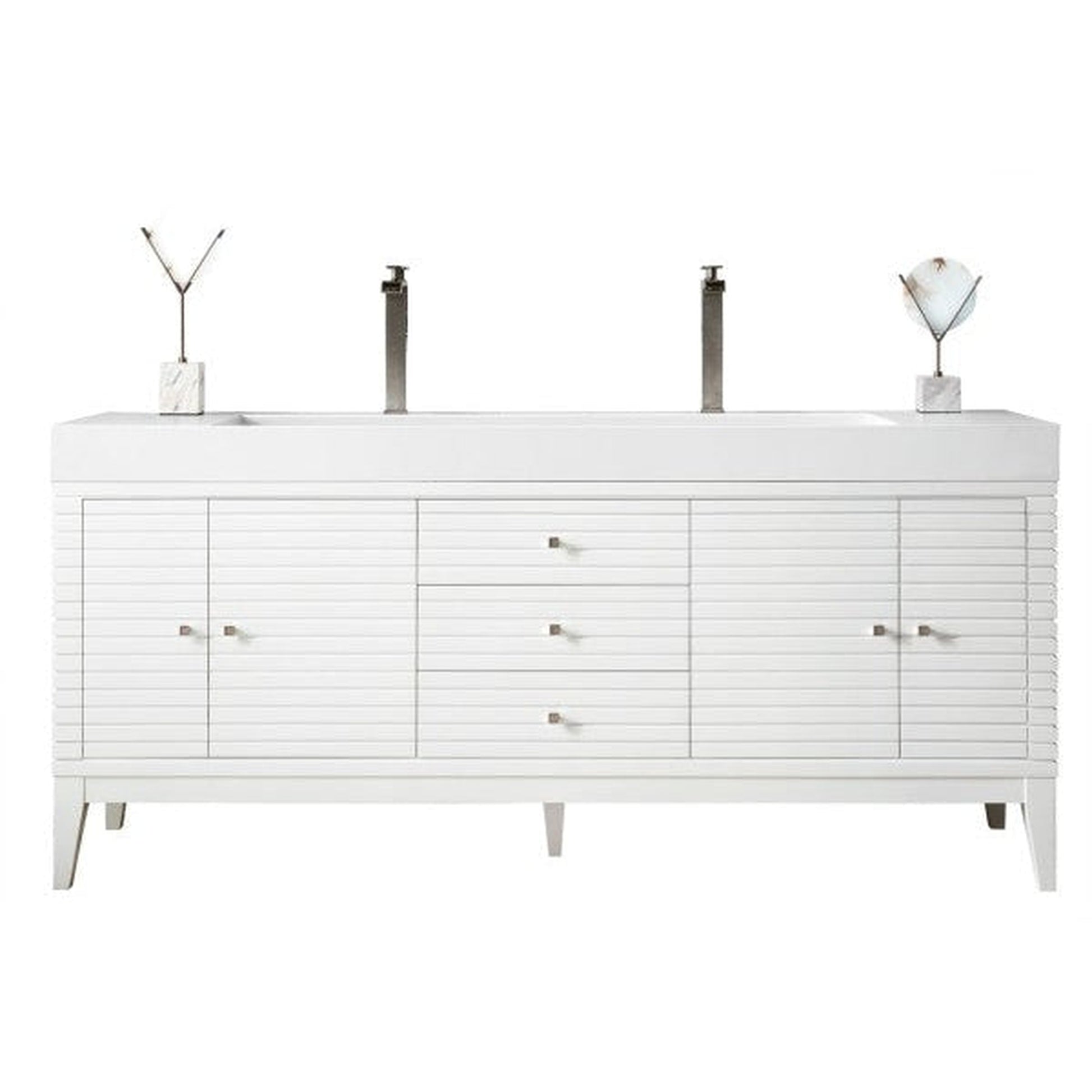 James Martin Linear 73" Double Glossy White Bathroom Vanity With 6" Glossy White Composite Countertop