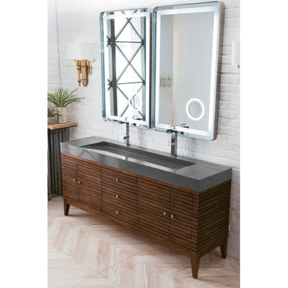 James Martin Linear 73" Double Mid Century Walnut Bathroom Vanity With 6" Glossy Dusk Gray Composite Countertop