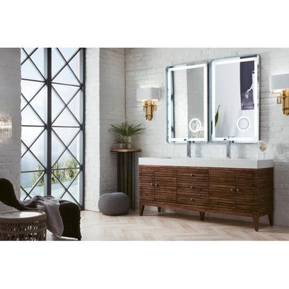 James Martin Linear 73" Double Mid Century Walnut Bathroom Vanity With 6" Glossy White Composite Countertop