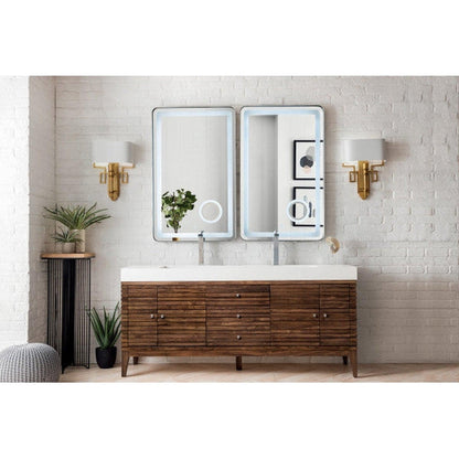 James Martin Linear 73" Double Mid Century Walnut Bathroom Vanity With 6" Glossy White Composite Countertop