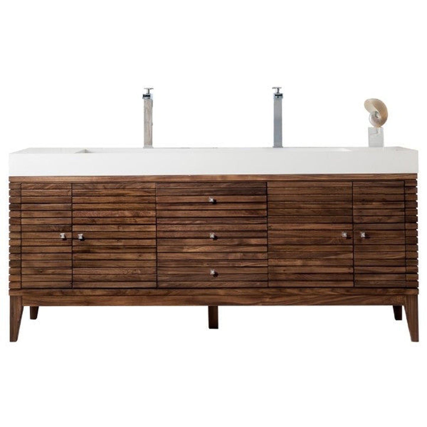 James Martin Linear 73" Double Mid Century Walnut Bathroom Vanity With 6" Glossy White Composite Countertop