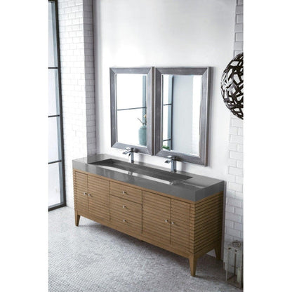 James Martin Linear 73" Double Whitewashed Walnut Bathroom Vanity With 6" Glossy Dusk Gray Composite Countertop