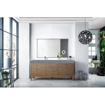 James Martin Linear 73" Double Whitewashed Walnut Bathroom Vanity With 6" Glossy Dusk Gray Composite Countertop