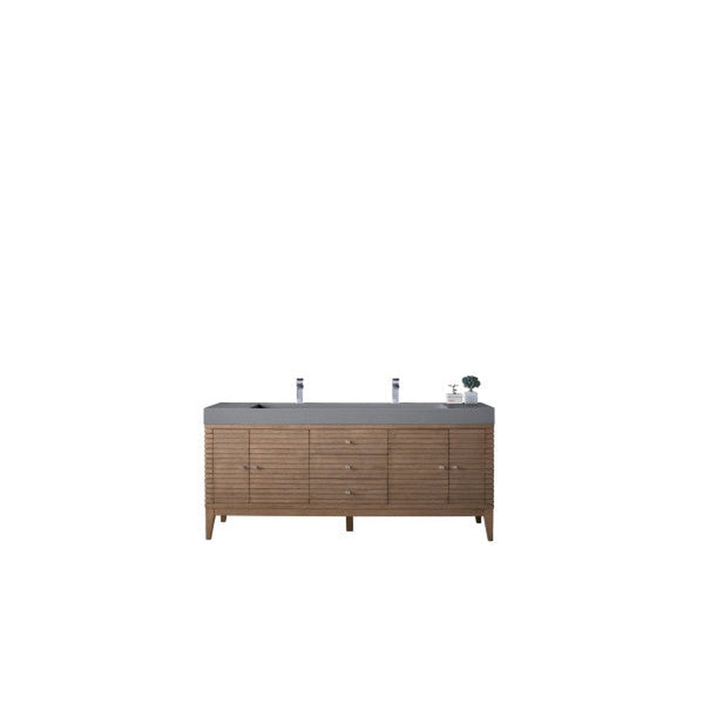 James Martin Linear 73" Double Whitewashed Walnut Bathroom Vanity With 6" Glossy Dusk Gray Composite Countertop
