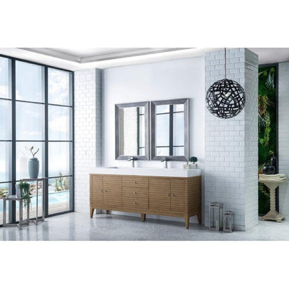 James Martin Linear 73" Double Whitewashed Walnut Bathroom Vanity With 6" Glossy White Composite Countertop