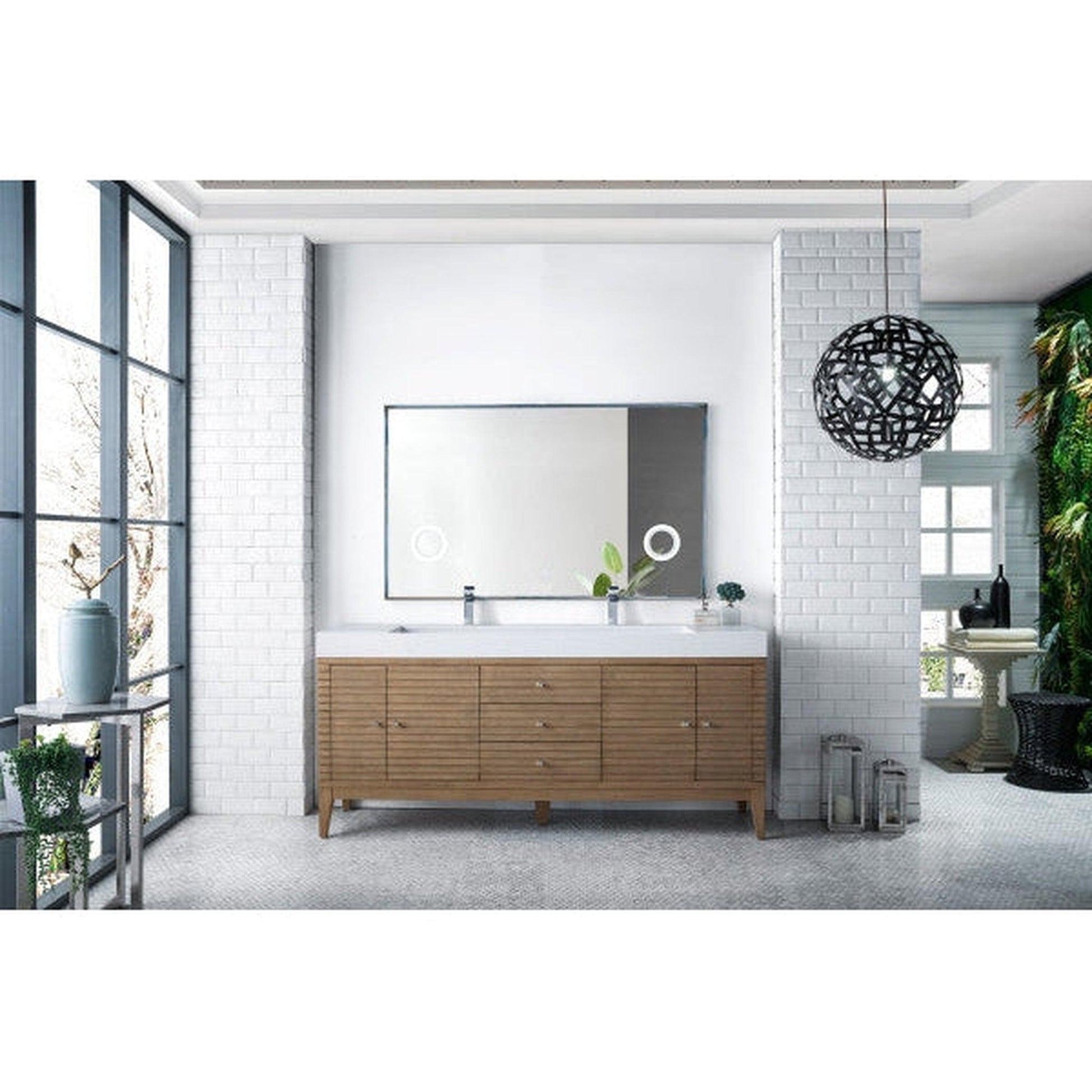 James Martin Linear 73" Double Whitewashed Walnut Bathroom Vanity With 6" Glossy White Composite Countertop