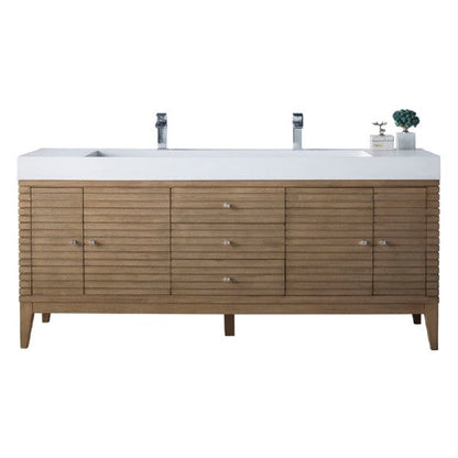 James Martin Linear 73" Double Whitewashed Walnut Bathroom Vanity With 6" Glossy White Composite Countertop