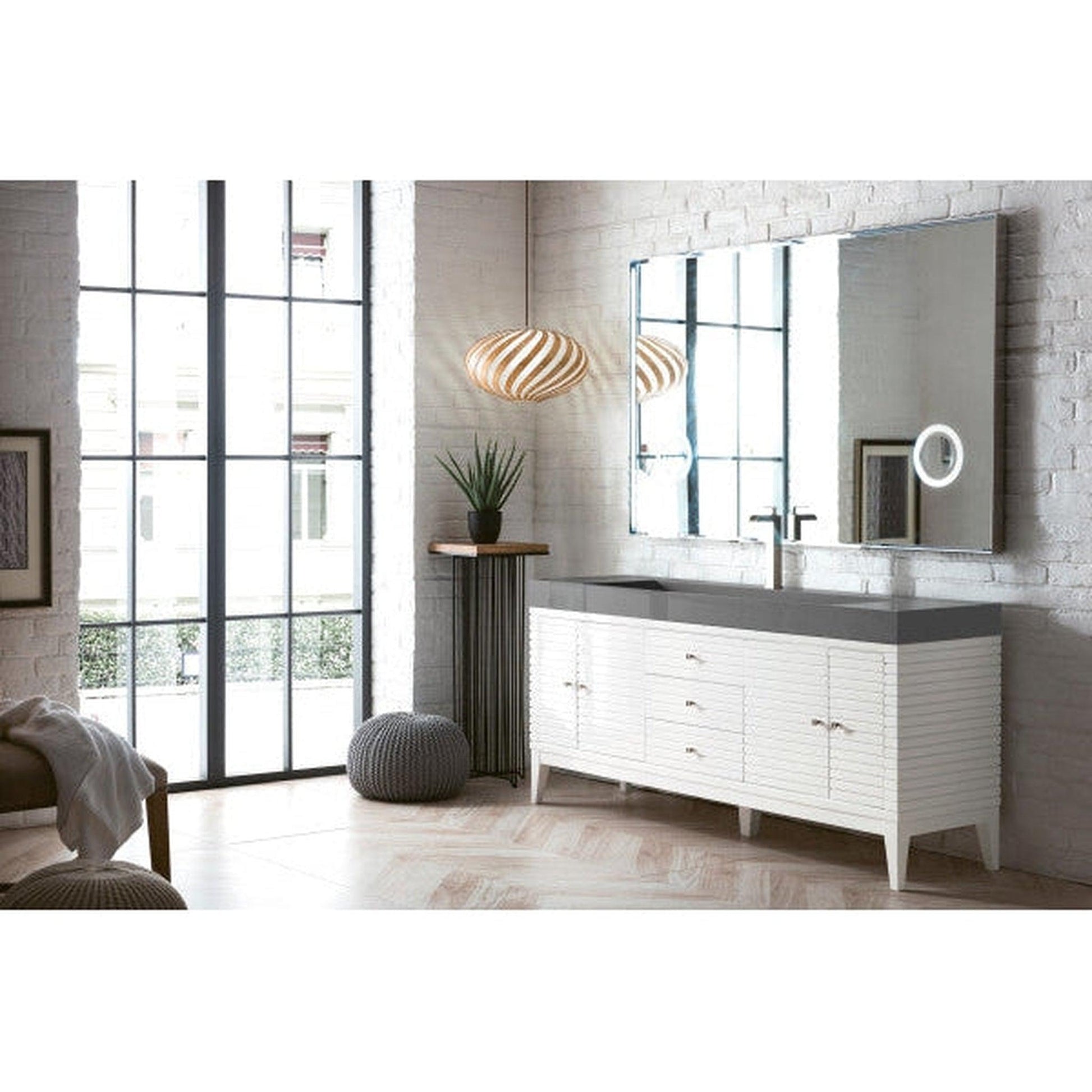 James Martin Linear 73" Single Glossy White Bathroom Vanity With 6" Glossy Dusk Gray Composite Countertop