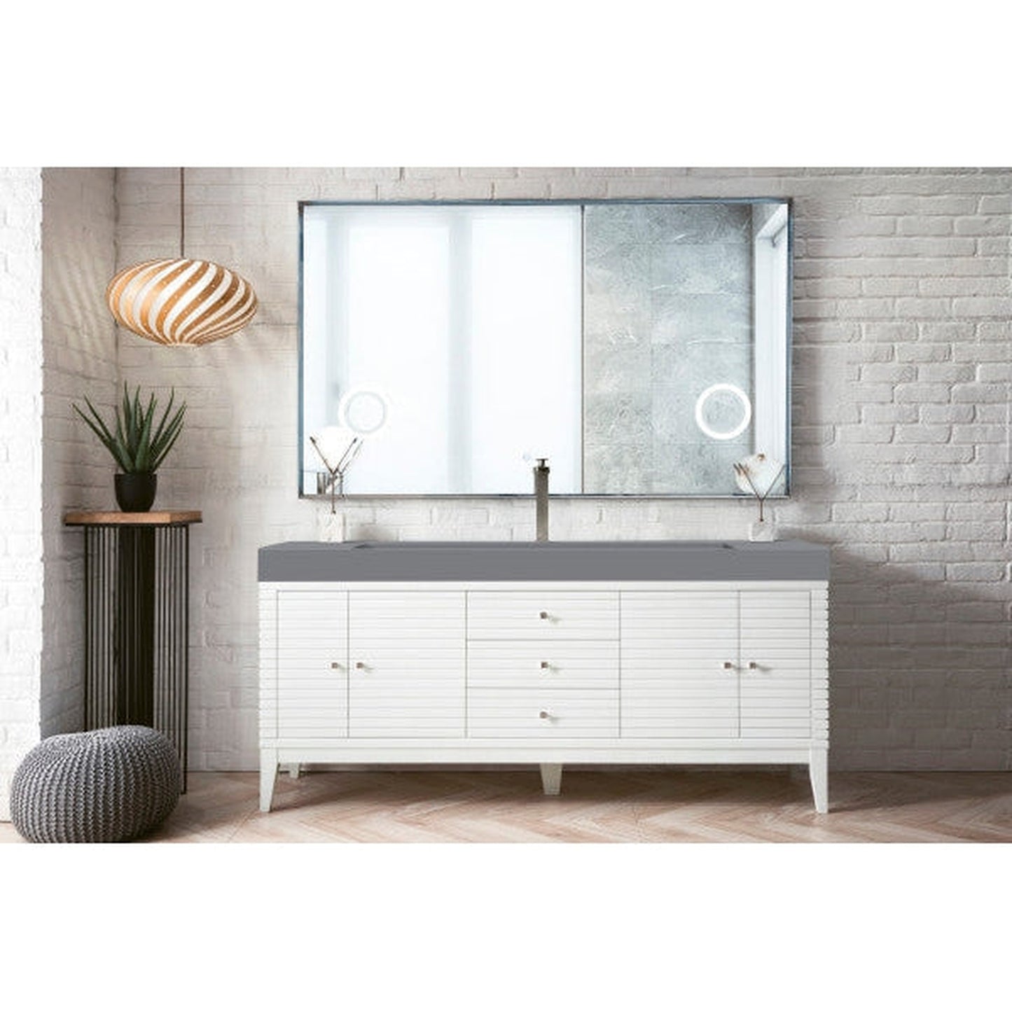 James Martin Linear 73" Single Glossy White Bathroom Vanity With 6" Glossy Dusk Gray Composite Countertop