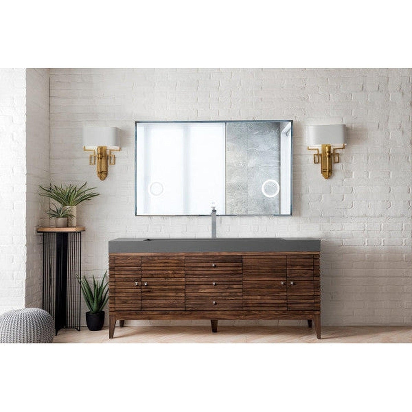 James Martin Linear 73" Single Mid Century Walnut Bathroom Vanity With 6" Glossy Dusk Gray Composite Countertop