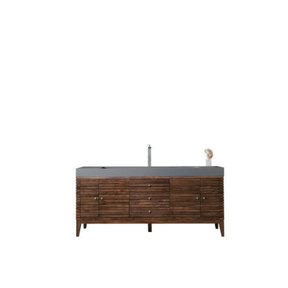 James Martin Linear 73" Single Mid Century Walnut Bathroom Vanity With 6" Glossy Dusk Gray Composite Countertop