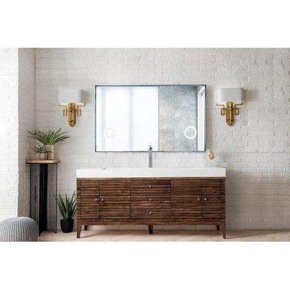 James Martin Linear 73" Single Mid Century Walnut Bathroom Vanity With 6" Glossy White Composite Countertop