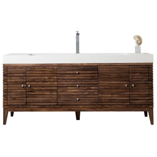 James Martin Linear 73" Single Mid Century Walnut Bathroom Vanity With 6" Glossy White Composite Countertop