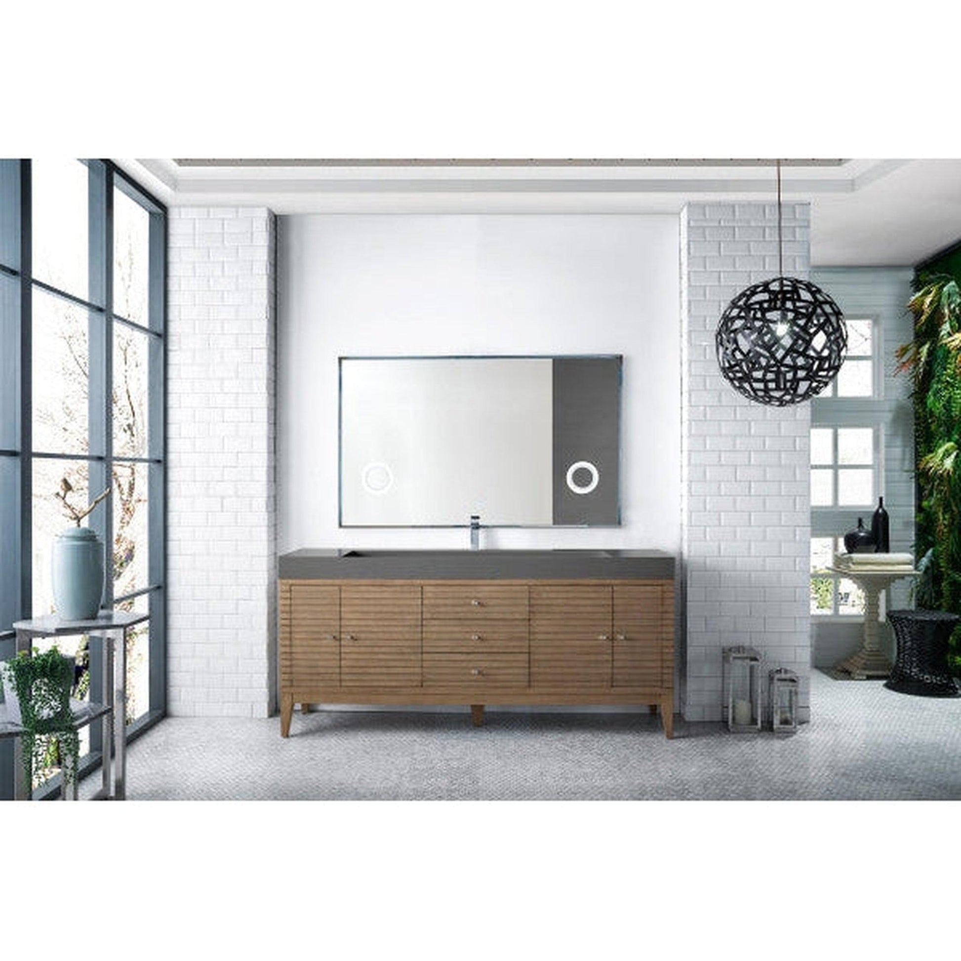 James Martin Linear 73" Single Whitewashed Walnut Bathroom Vanity With 6" Glossy Dusk Gray Composite Countertop