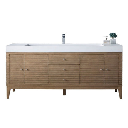 James Martin Linear 73" Single Whitewashed Walnut Bathroom Vanity With 6" Glossy White Composite Countertop