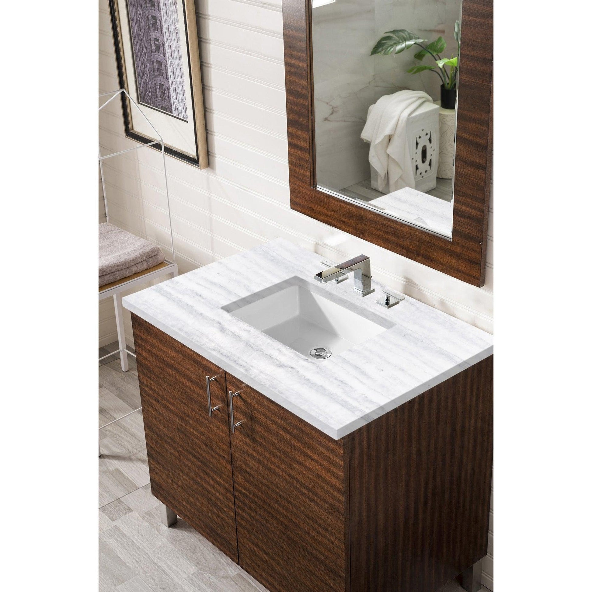 James Martin Metropolitan 36" Single American Walnut Bathroom Vanity With 1" Arctic Fall Solid Surface Top and Rectangular Ceramic Sink