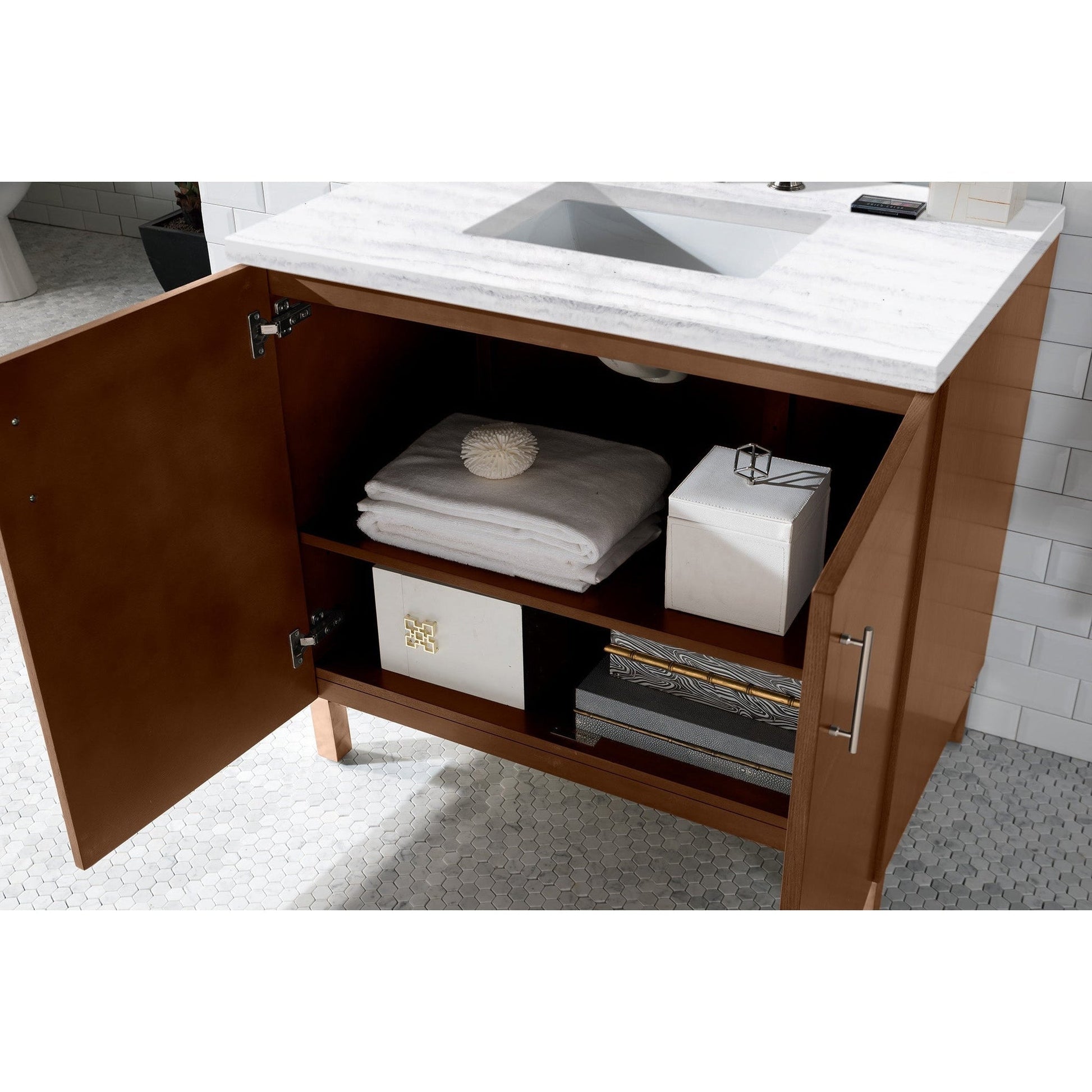 James Martin Metropolitan 36" Single American Walnut Bathroom Vanity With 1" Arctic Fall Solid Surface Top and Rectangular Ceramic Sink