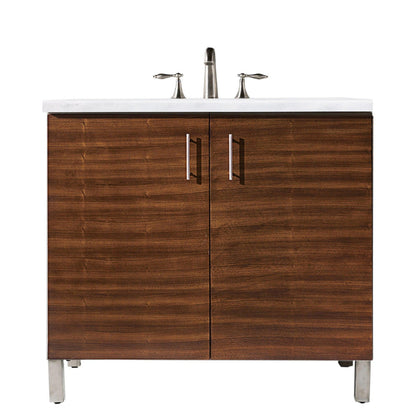 James Martin Metropolitan 36" Single American Walnut Bathroom Vanity With 1" Arctic Fall Solid Surface Top and Rectangular Ceramic Sink