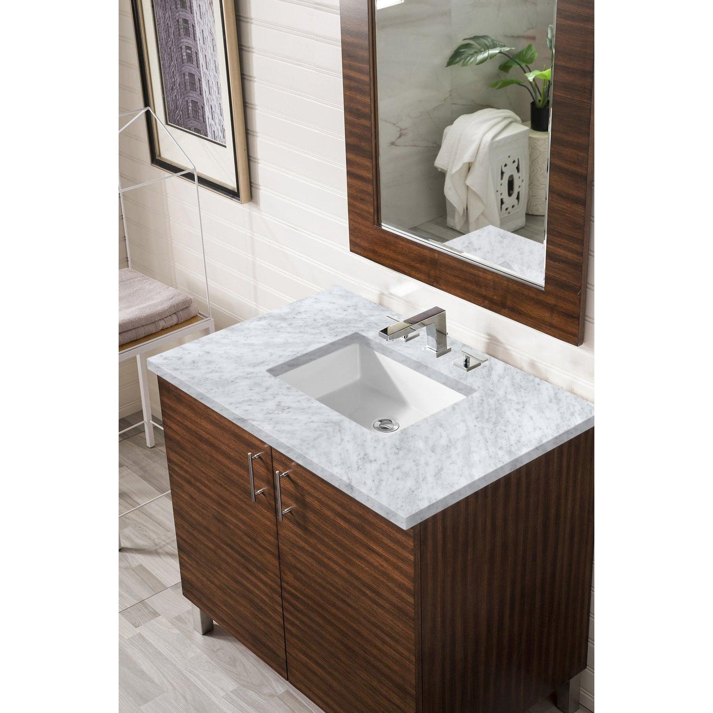 James Martin Metropolitan 36" Single American Walnut Bathroom Vanity With 1" Carrara Marble Top and Rectangular Ceramic Sink