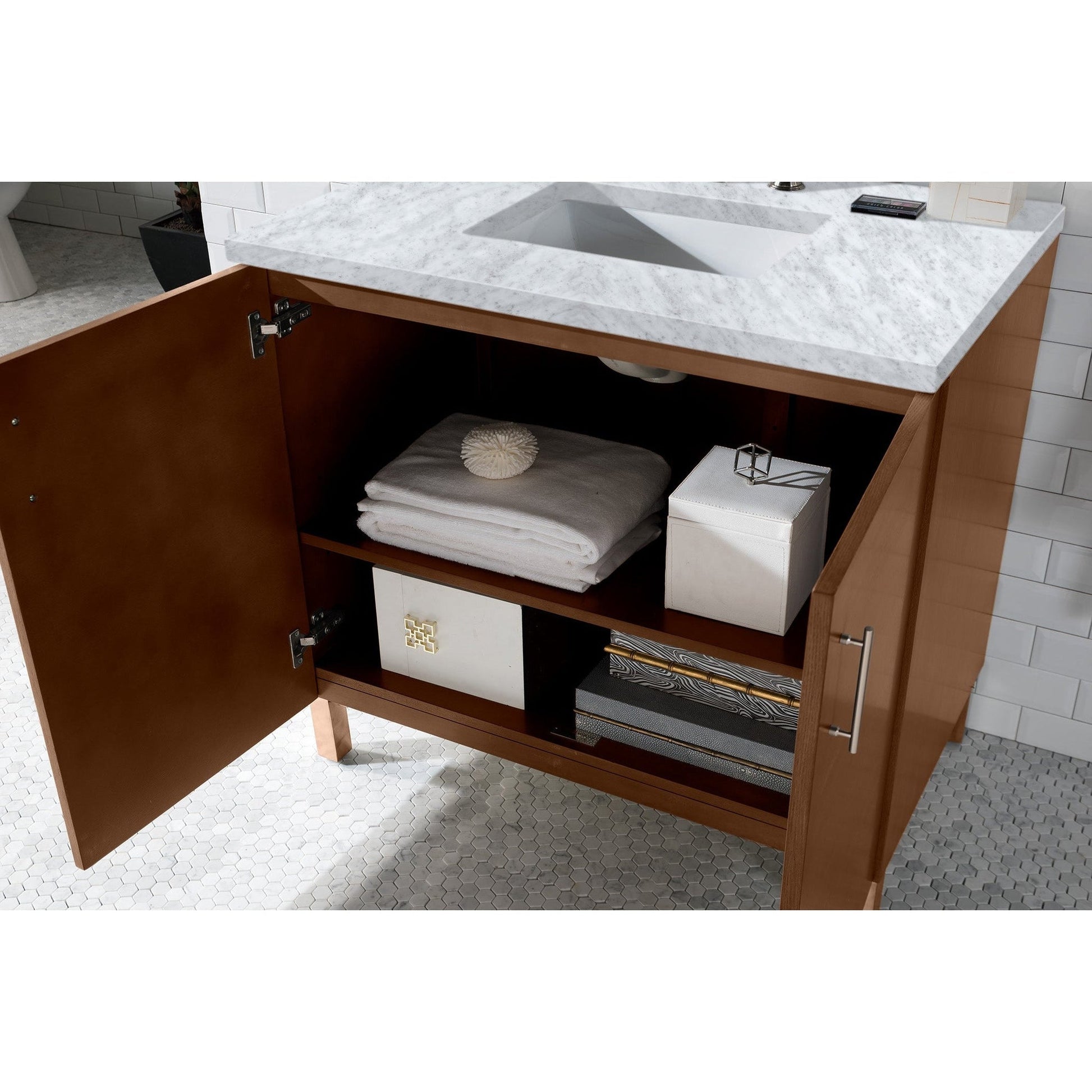James Martin Metropolitan 36" Single American Walnut Bathroom Vanity With 1" Carrara Marble Top and Rectangular Ceramic Sink