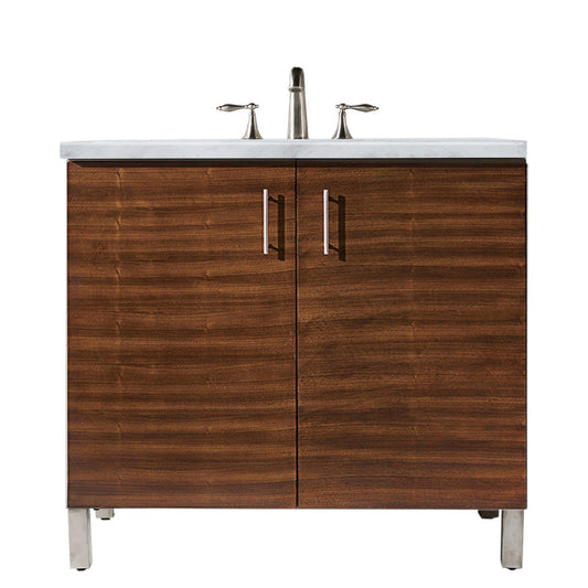 James Martin Metropolitan 36" Single American Walnut Bathroom Vanity With 1" Carrara Marble Top and Rectangular Ceramic Sink