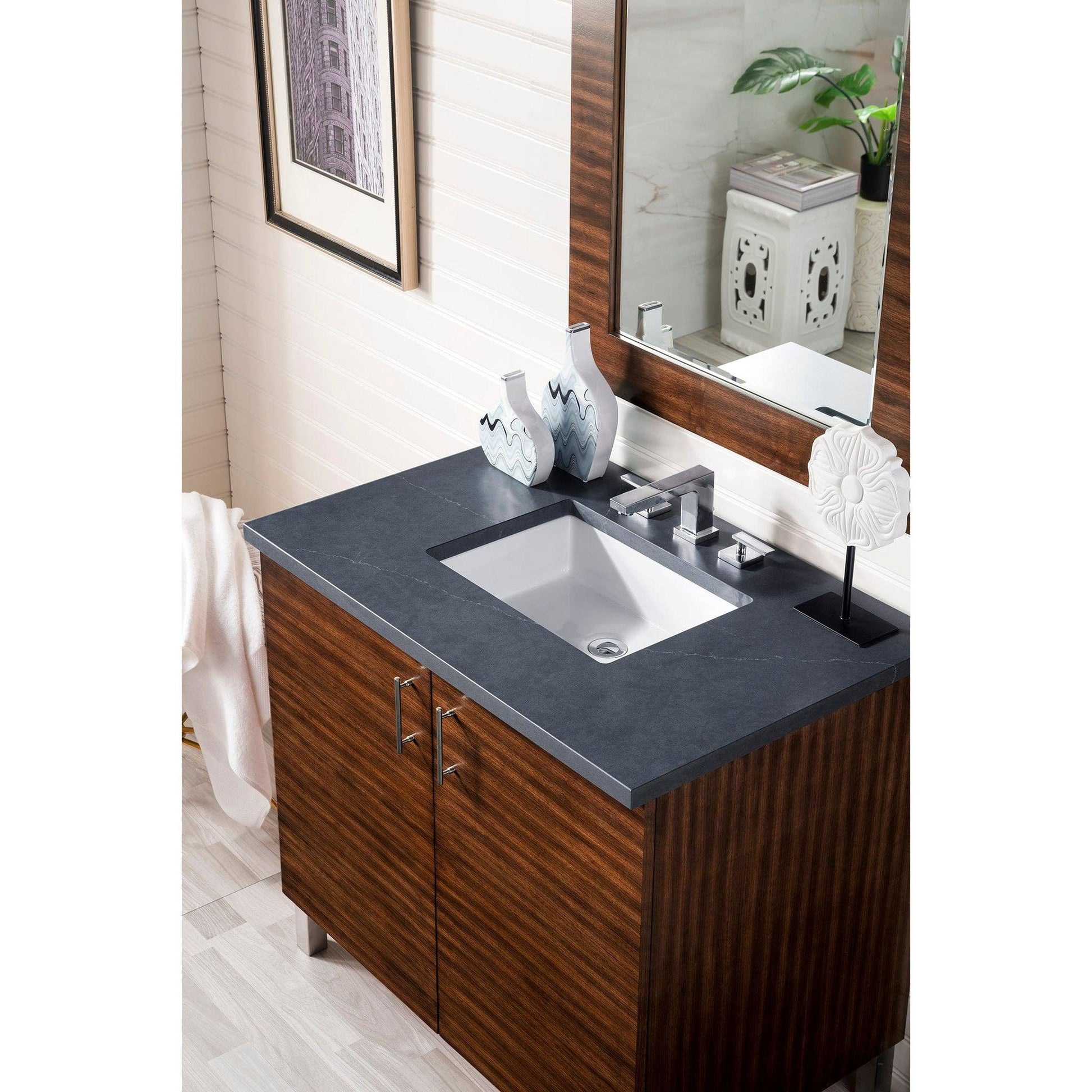 James Martin Metropolitan 36" Single American Walnut Bathroom Vanity With 1" Charcoal Soapstone Quartz Top and Rectangular Ceramic Sink