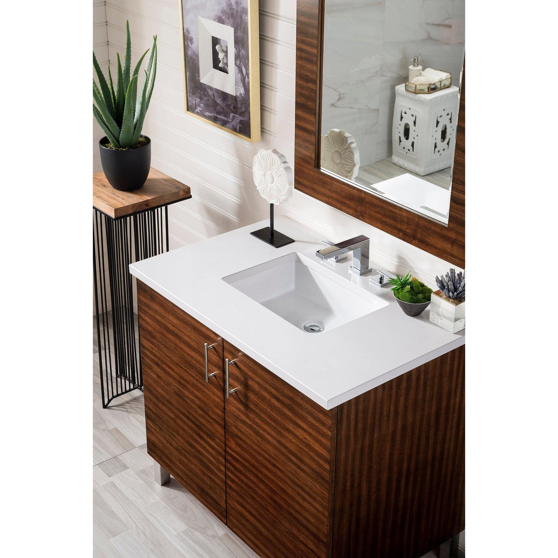 James Martin Metropolitan 36" Single American Walnut Bathroom Vanity With 1" Classic White Quartz Top and Rectangular Ceramic Sink