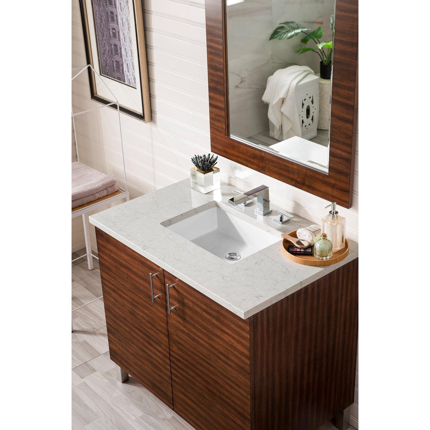 James Martin Metropolitan 36" Single American Walnut Bathroom Vanity With 1" Eternal Jasmine Pearl Quartz Top and Rectangular Ceramic Sink