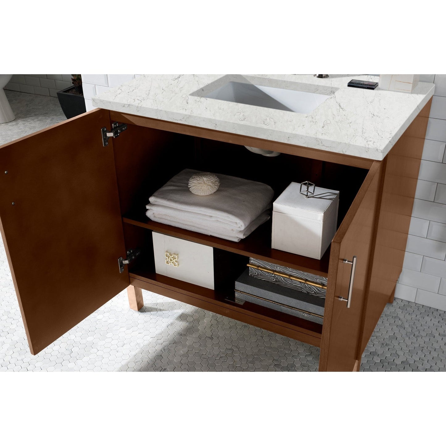 James Martin Metropolitan 36" Single American Walnut Bathroom Vanity With 1" Eternal Jasmine Pearl Quartz Top and Rectangular Ceramic Sink