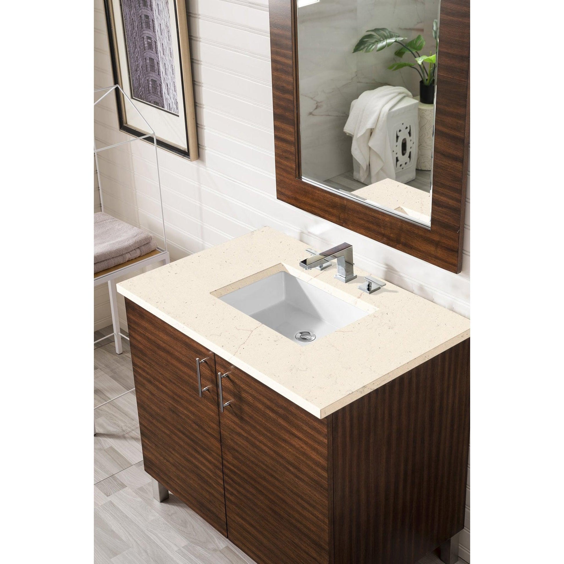 James Martin Metropolitan 36" Single American Walnut Bathroom Vanity With 1" Eternal Marfil Quartz Top and Rectangular Ceramic Sink