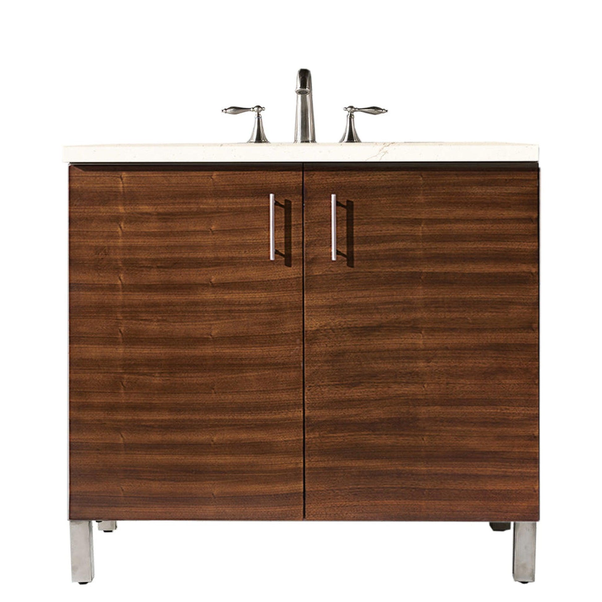 James Martin Metropolitan 36" Single American Walnut Bathroom Vanity With 1" Eternal Marfil Quartz Top and Rectangular Ceramic Sink