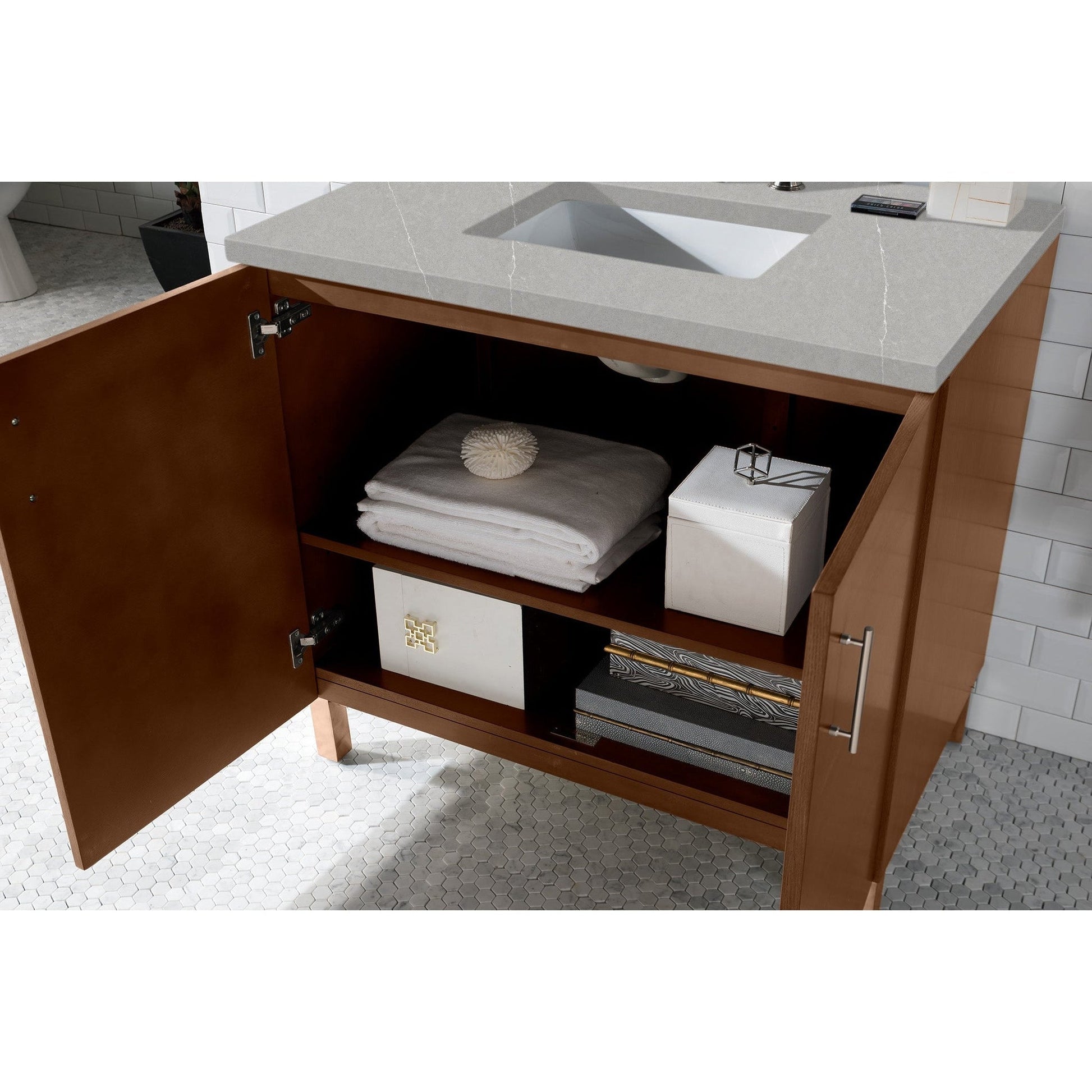 James Martin Metropolitan 36" Single American Walnut Bathroom Vanity With 1" Eternal Serena Quartz Top and Rectangular Ceramic Sink