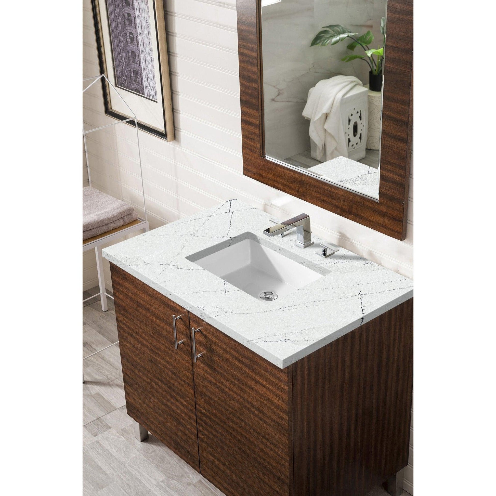 James Martin Metropolitan 36" Single American Walnut Bathroom Vanity With 1" Ethereal Noctis Quartz Top and Rectangular Ceramic Sink