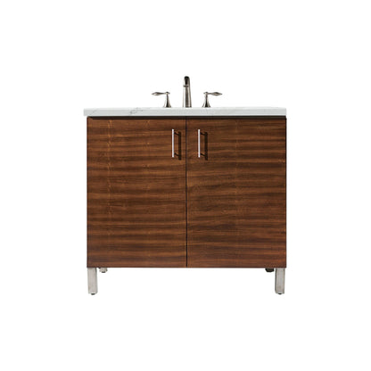 James Martin Metropolitan 36" Single American Walnut Bathroom Vanity With 1" Ethereal Noctis Quartz Top and Rectangular Ceramic Sink