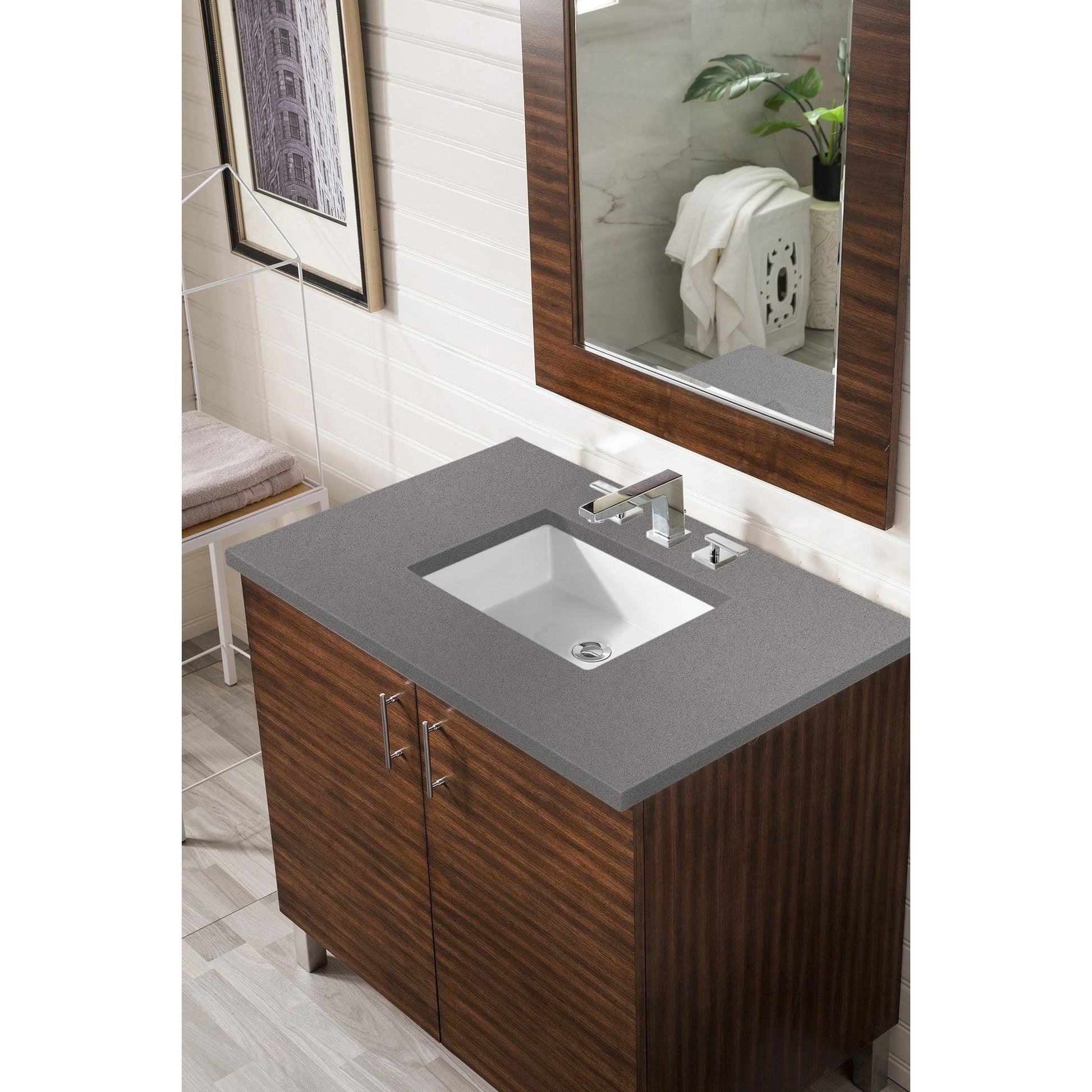 James Martin Metropolitan 36" Single American Walnut Bathroom Vanity With 1" Gray Expo Quartz Top and Rectangular Ceramic Sink