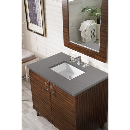 James Martin Metropolitan 36" Single American Walnut Bathroom Vanity With 1" Gray Expo Quartz Top and Rectangular Ceramic Sink