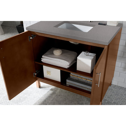 James Martin Metropolitan 36" Single American Walnut Bathroom Vanity With 1" Gray Expo Quartz Top and Rectangular Ceramic Sink