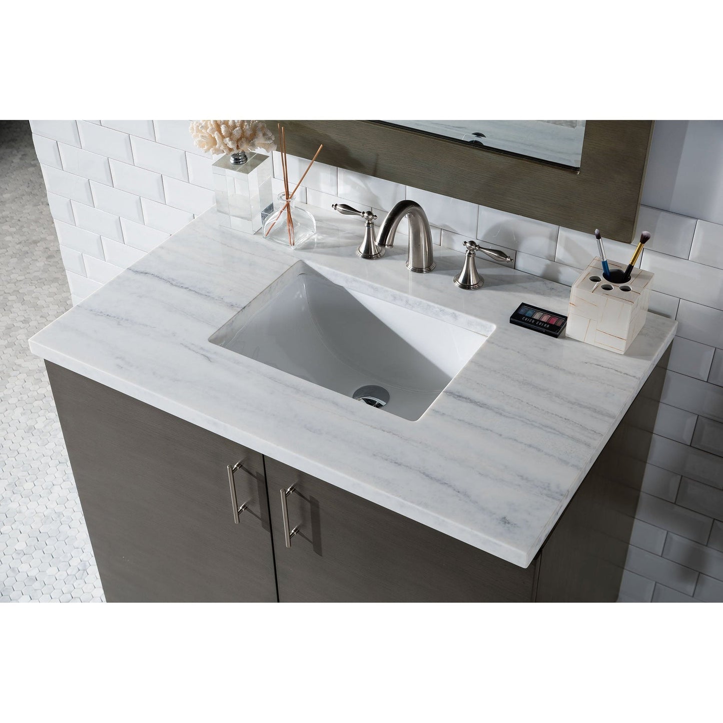 James Martin Metropolitan 36" Single Silver Oak Bathroom Vanity With 1" Arctic Fall Solid Surface Top and Rectangular Ceramic Sink