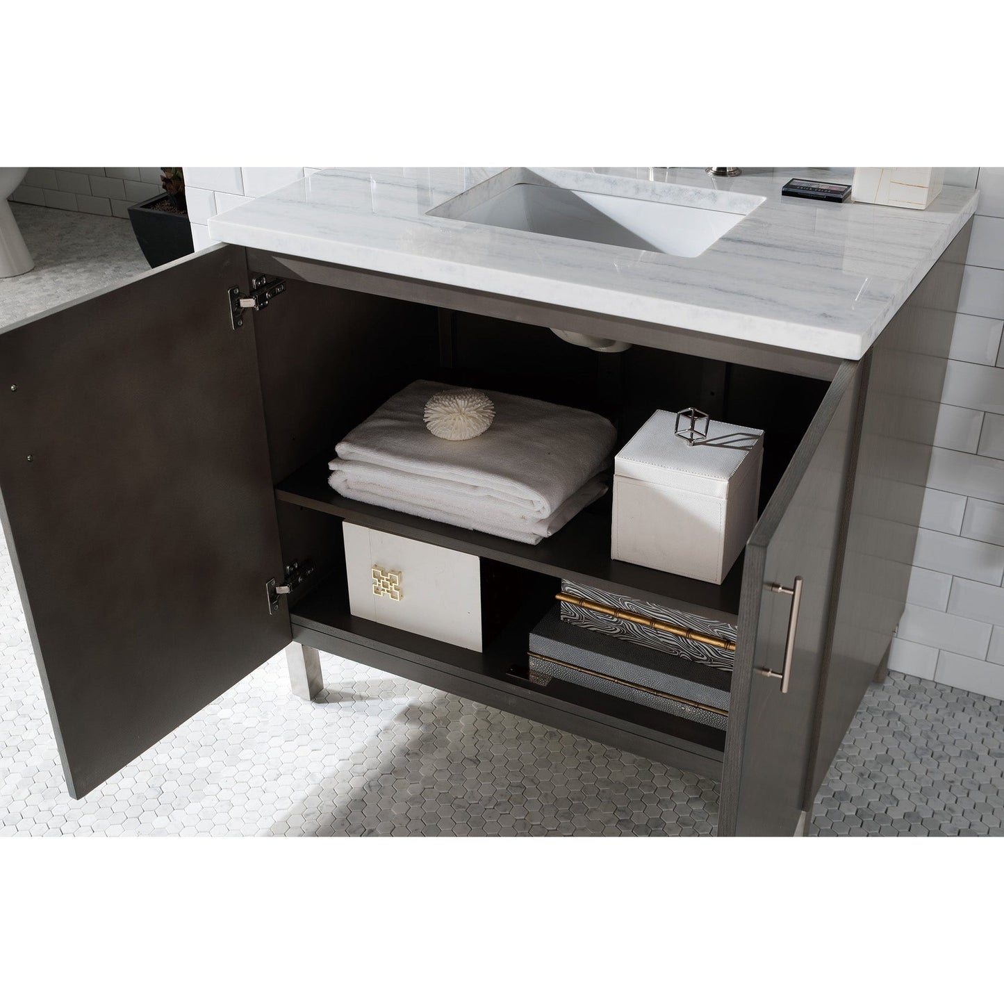 James Martin Metropolitan 36" Single Silver Oak Bathroom Vanity With 1" Arctic Fall Solid Surface Top and Rectangular Ceramic Sink