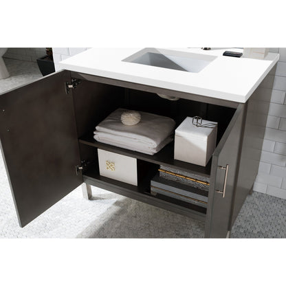 James Martin Metropolitan 36" Single Silver Oak Bathroom Vanity With 1" Classic White Quartz Top and Rectangular Ceramic Sink