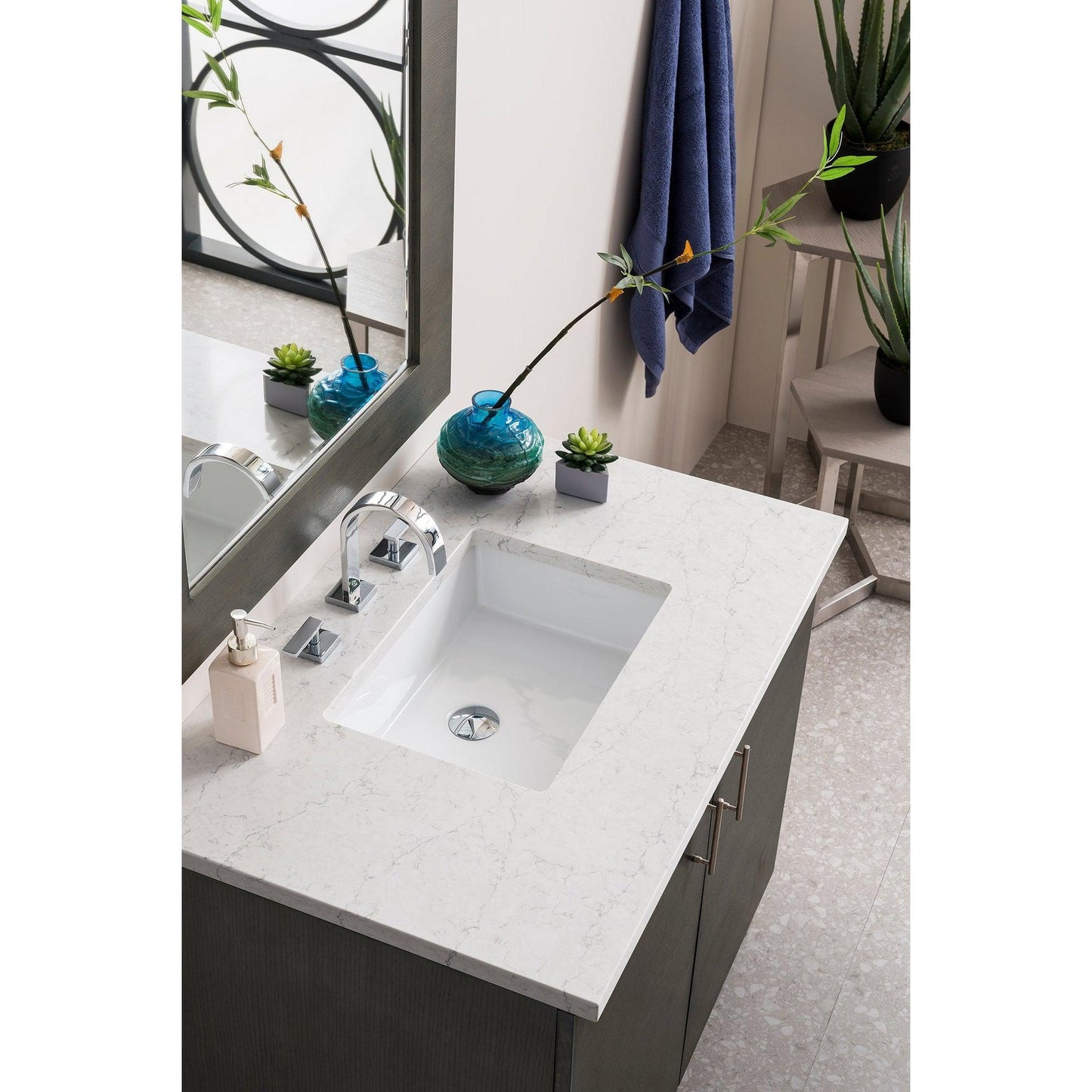 James Martin Metropolitan 36" Single Silver Oak Bathroom Vanity With 1" Eternal Jasmine Pearl Quartz Top and Rectangular Ceramic Sink