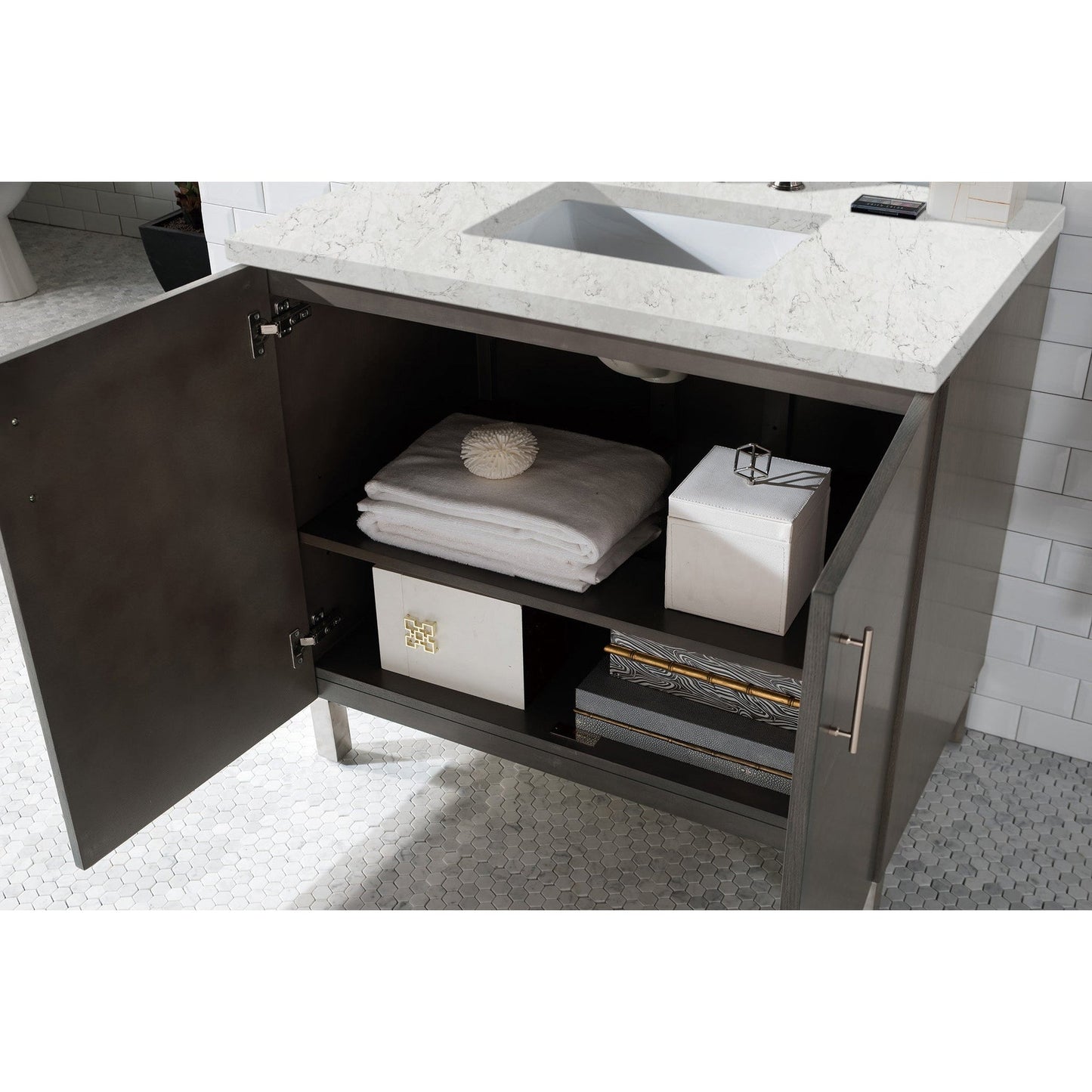 James Martin Metropolitan 36" Single Silver Oak Bathroom Vanity With 1" Eternal Jasmine Pearl Quartz Top and Rectangular Ceramic Sink
