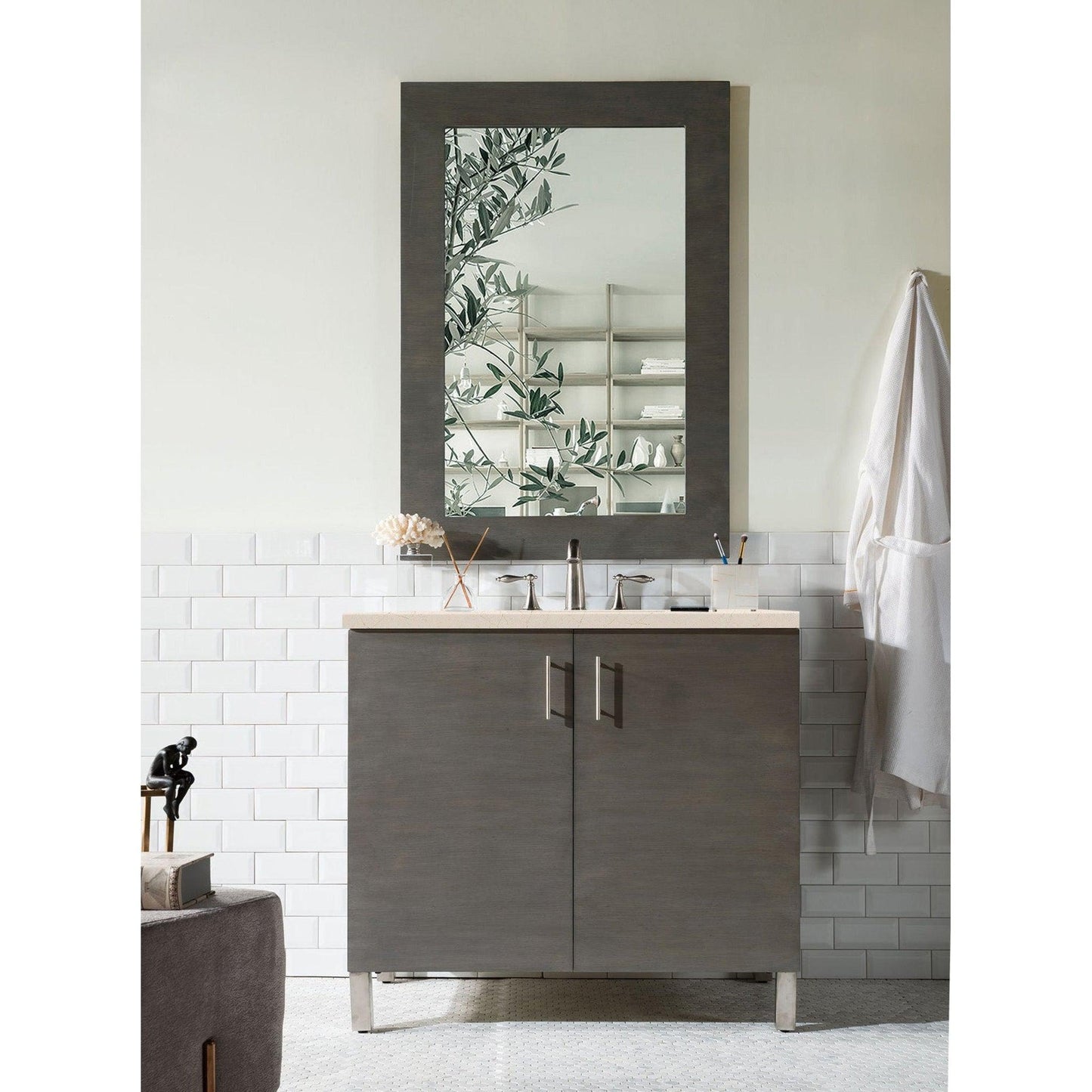 James Martin Metropolitan 36" Single Silver Oak Bathroom Vanity With 1" Eternal Marfil Quartz Top and Rectangular Ceramic Sink