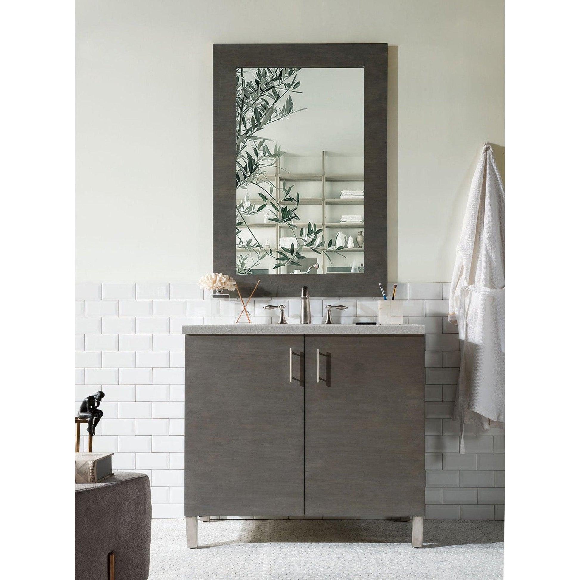 James Martin Metropolitan 36" Single Silver Oak Bathroom Vanity With 1" Eternal Serena Quartz Top and Rectangular Ceramic Sink