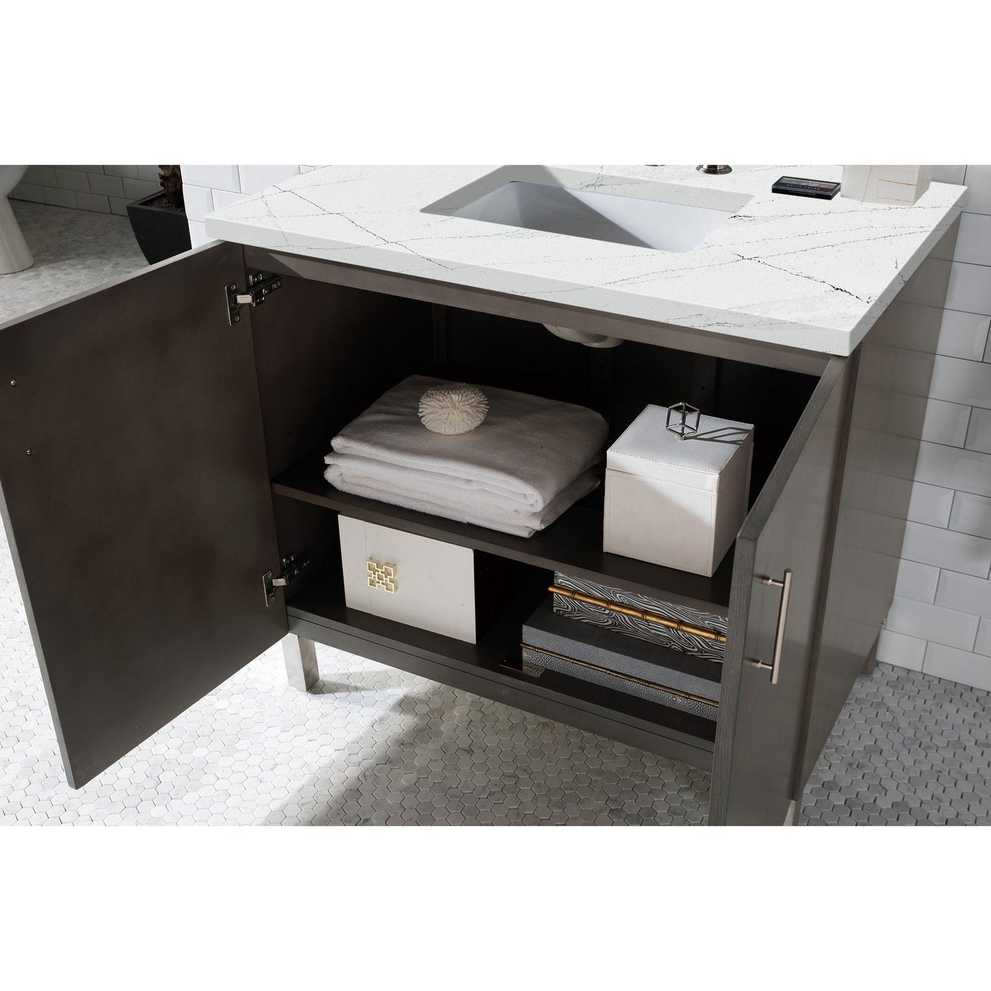 James Martin Metropolitan 36" Single Silver Oak Bathroom Vanity With 1" Ethereal Noctis Quartz Top and Rectangular Ceramic Sink