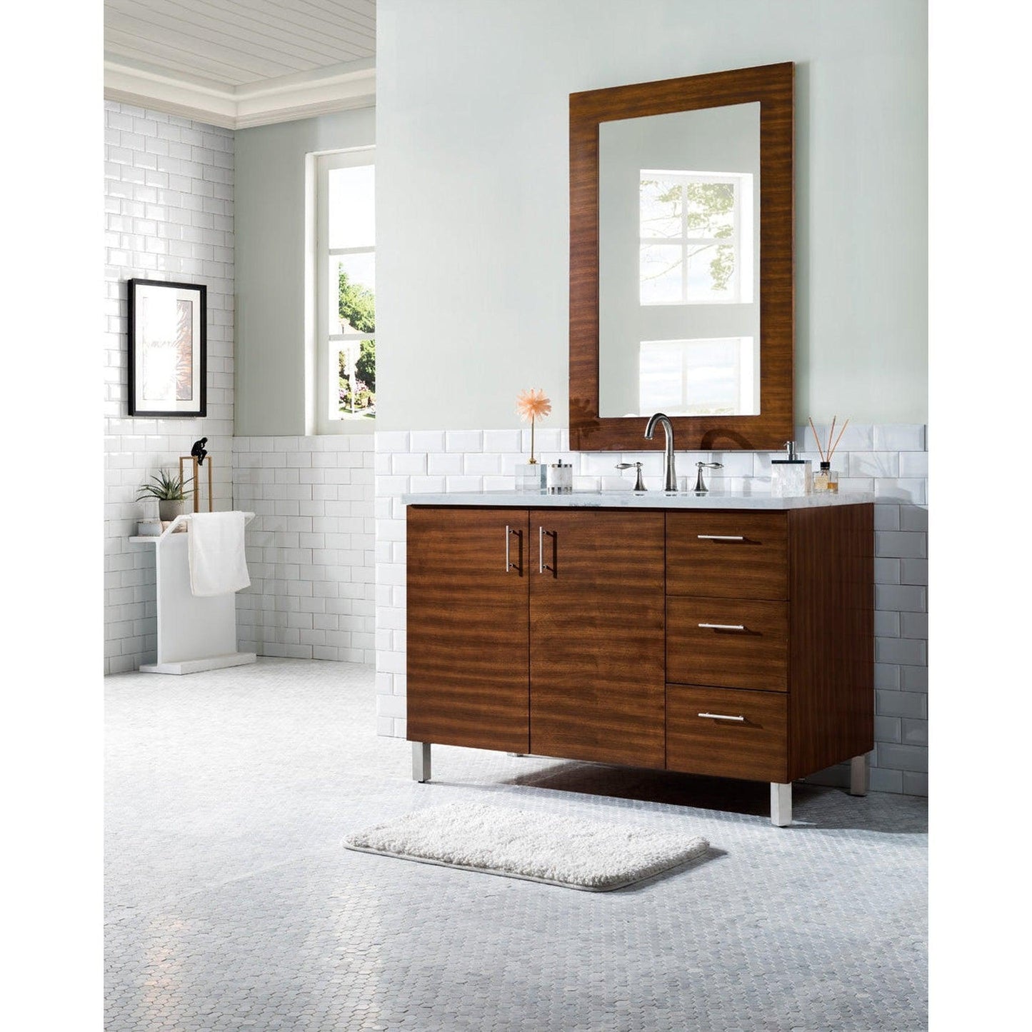 James Martin Metropolitan 48" Single American Walnut Bathroom Vanity With 1" Arctic Fall Solid Surface Top and Rectangular Ceramic Sink