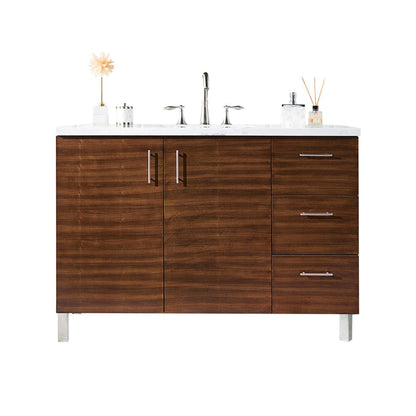 James Martin Metropolitan 48" Single American Walnut Bathroom Vanity With 1" Arctic Fall Solid Surface Top and Rectangular Ceramic Sink