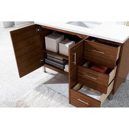 James Martin Metropolitan 48" Single American Walnut Bathroom Vanity With 1" Classic White Quartz Top and Rectangular Ceramic Sink