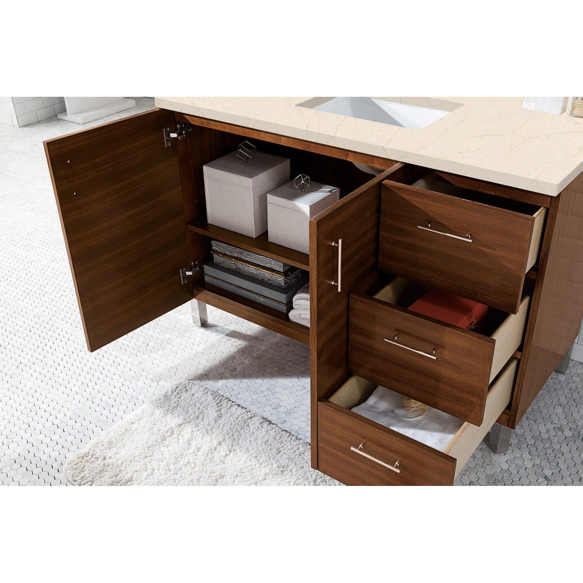 James Martin Metropolitan 48" Single American Walnut Bathroom Vanity With 1" Eternal Marfil Quartz Top and Rectangular Ceramic Sink